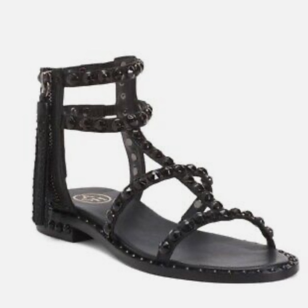 ASH Power Black Leather Gladiator Sandals Flat Tassels Size 36
